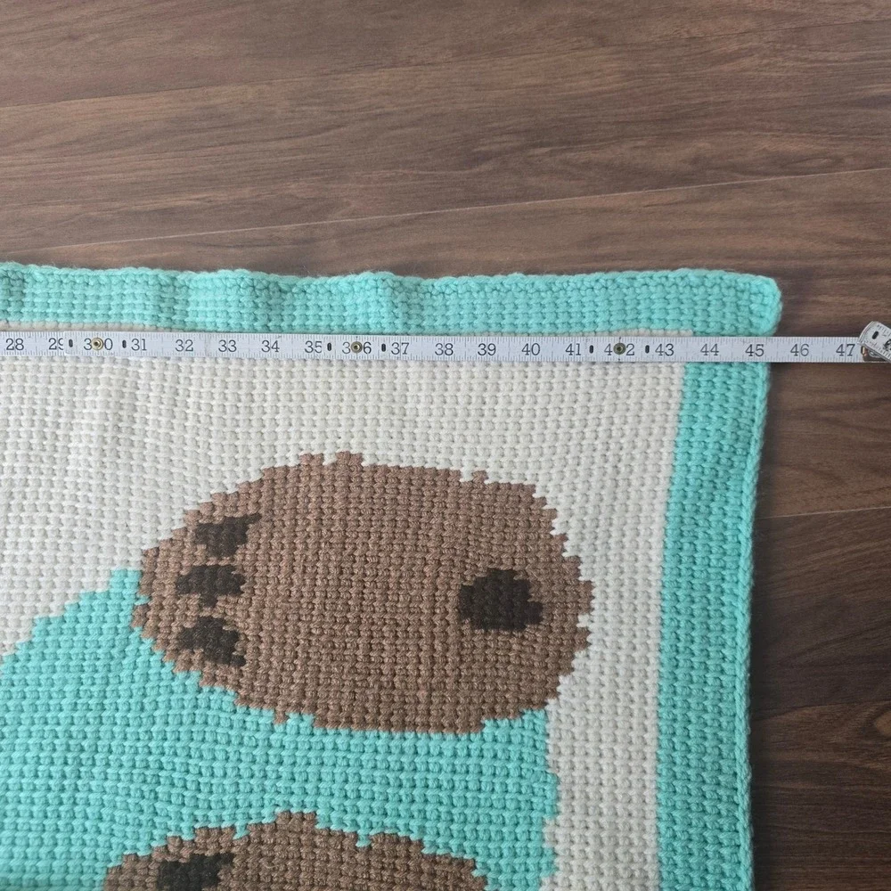 Handmade Crochet Baby Blanket Teddy Bear Aqua Yellow Bow Lollipop Vtg‎ Design